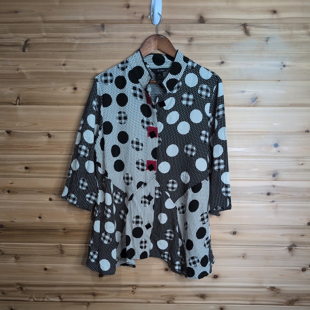 Ali Miles Womens Large Black White Polka Dot Button Front Tunic Blouse Top